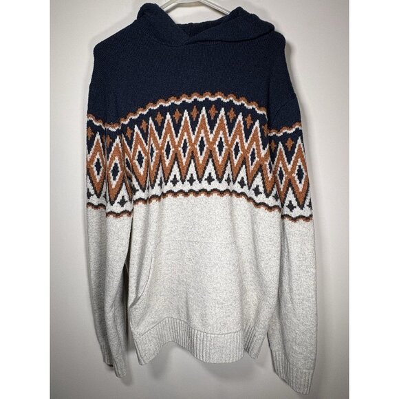 OLD NAVY Patterned Pullover Sweater Hoodie Fair Isle Winter Blue Orange Medium - Picture 1 of 6